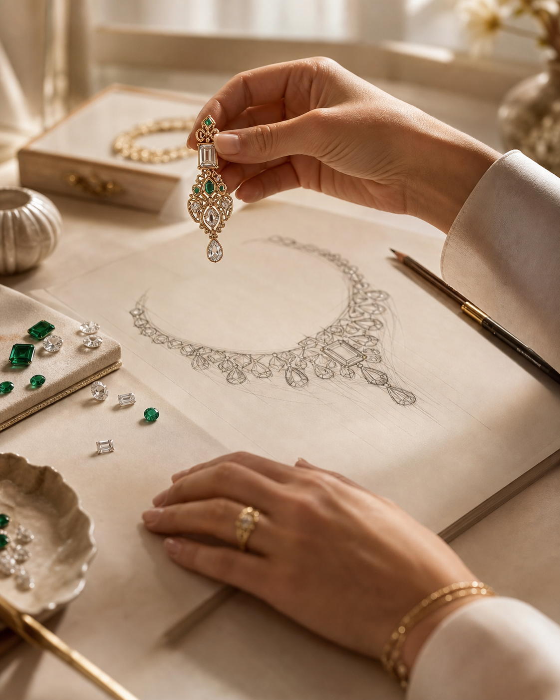 Jewellery designer reviewing an emerald piece beside an original sketch