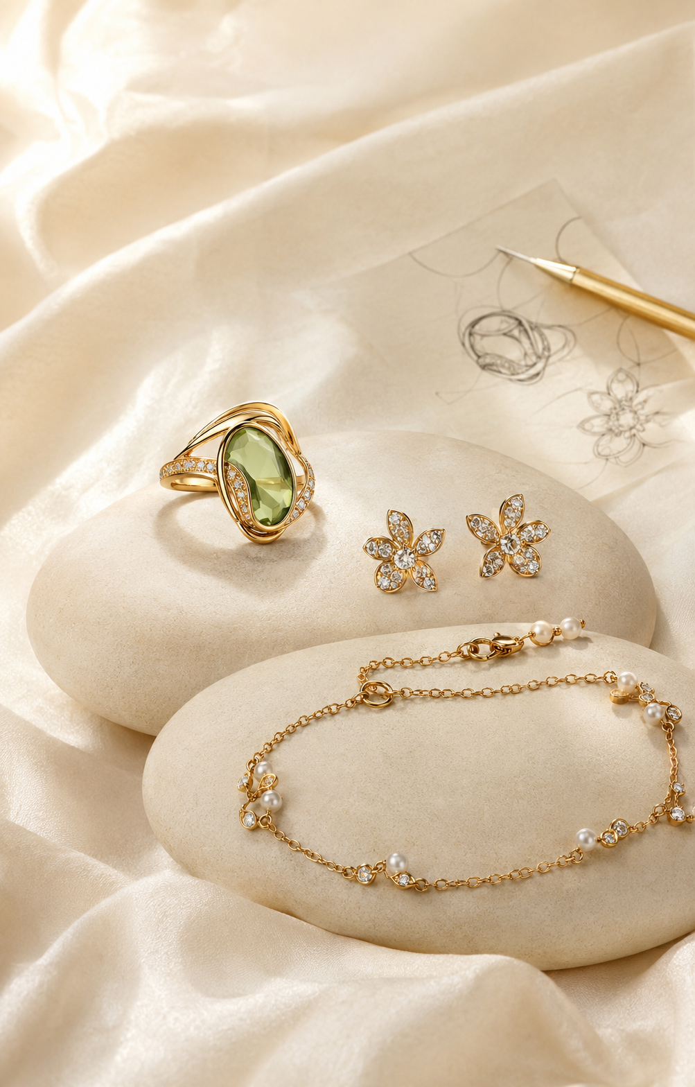 Jewellery design sketch with gold and gemstone pieces