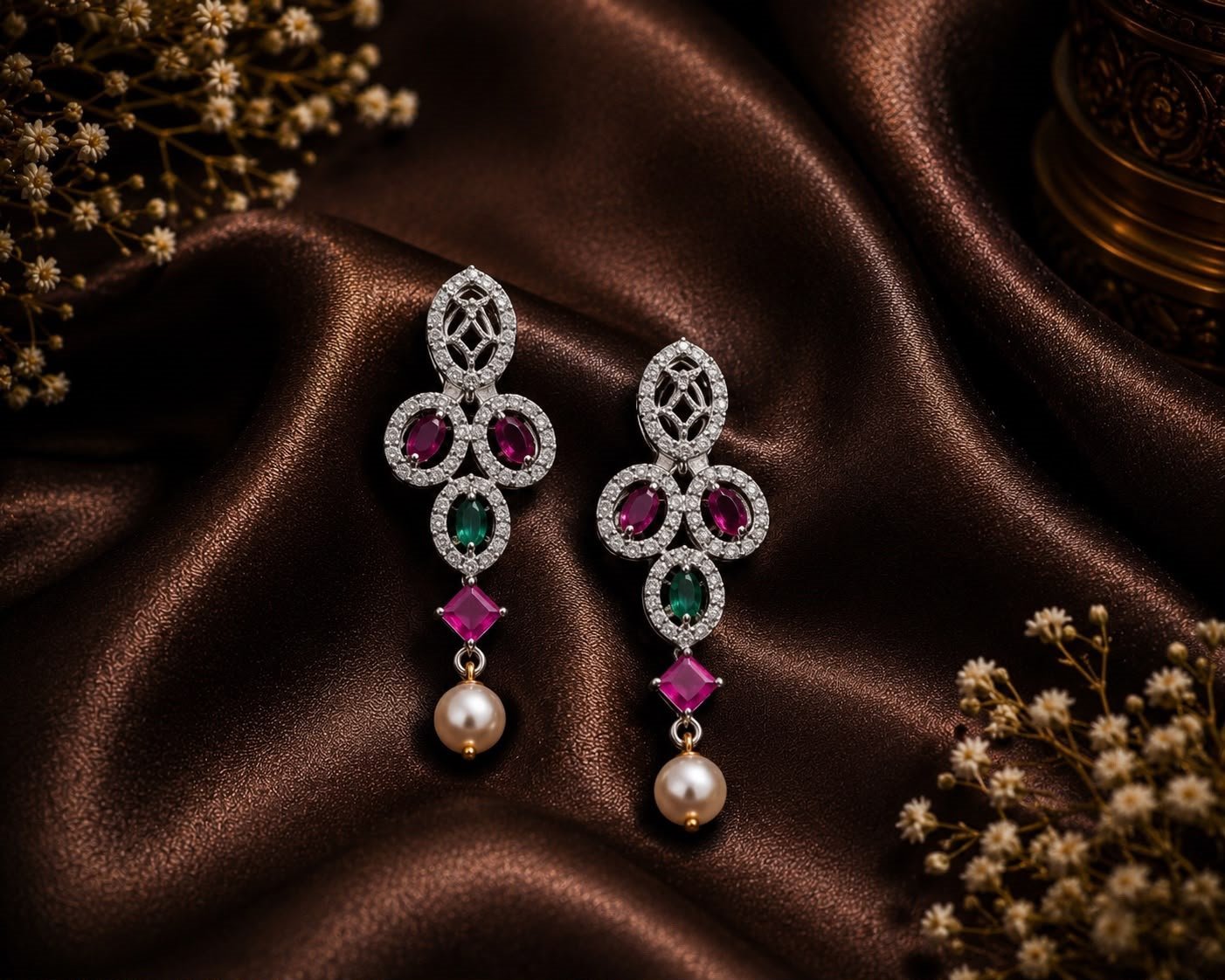 Ruby, emerald and pearl statement drops.